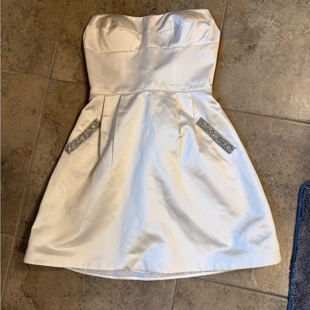 Sherri Hill Strapless White Dress with Silver Accents